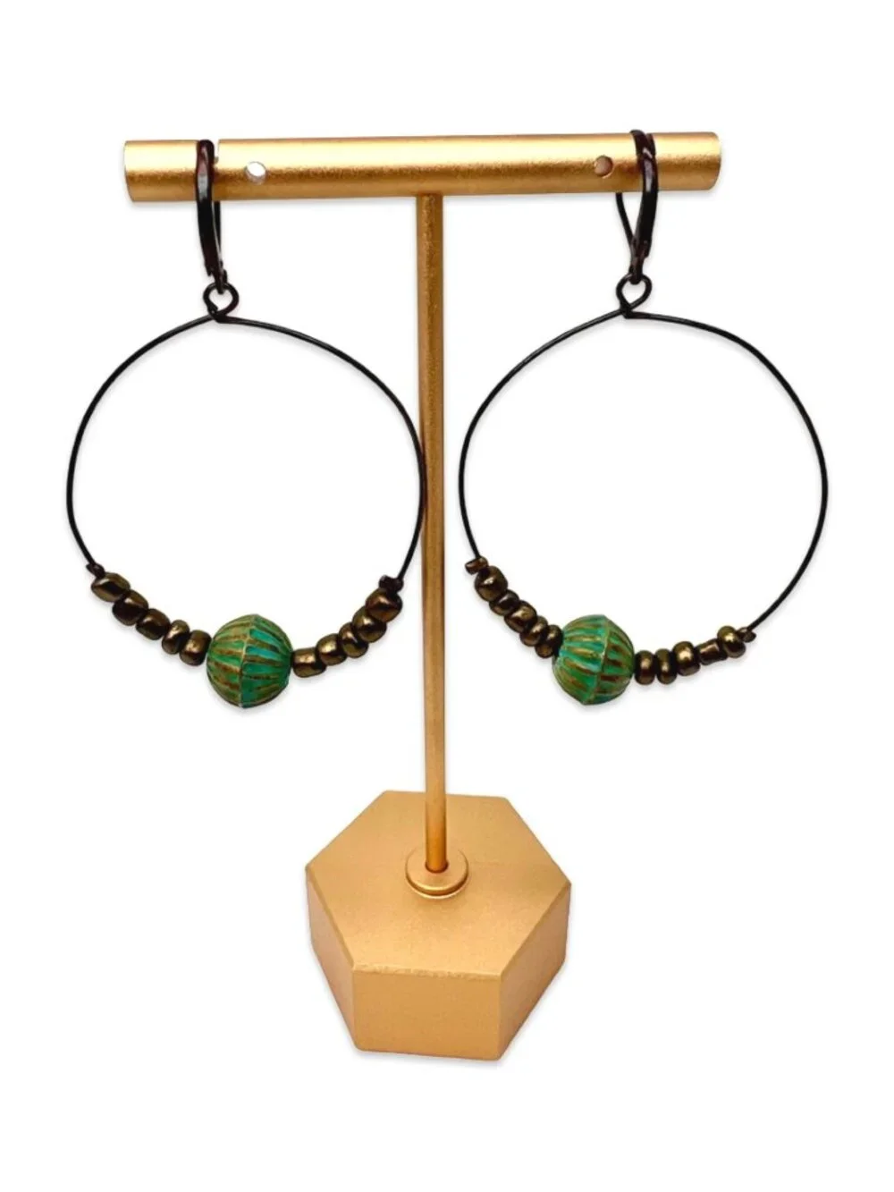 Beaded Hoop Earrings Boho Brass Tone